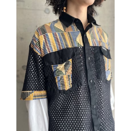 90s "TRUTUS" batik pattern knit switching design mesh shirt