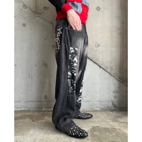 90s "Pepe jeans" camo pattern switching design wide denim pants