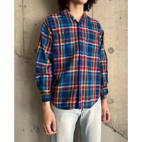 90s "Liz wear" cotton rainbow plaid open collar shirt