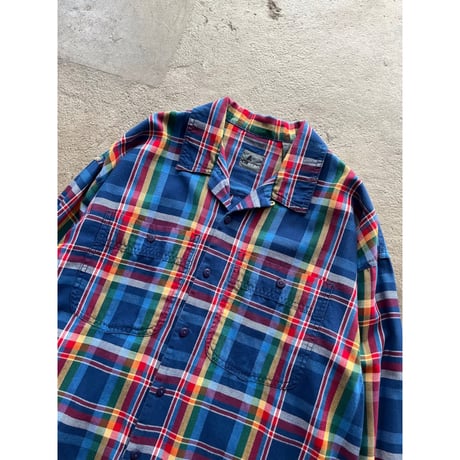 90s "Liz wear" cotton rainbow plaid open collar shirt