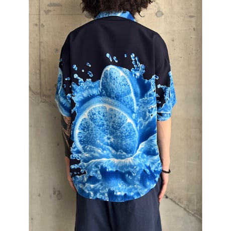 90s orange art pattern open collar shirt