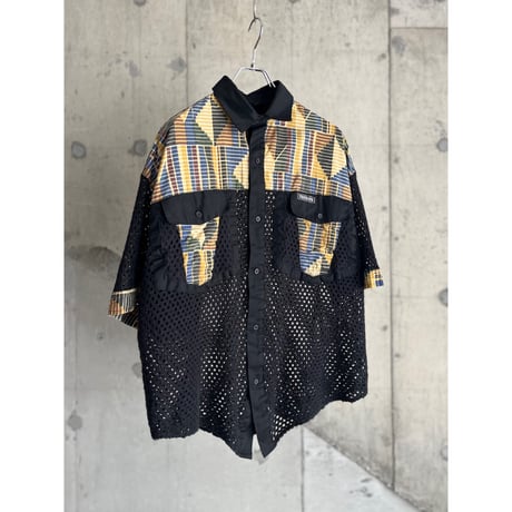 90s "TRUTUS" batik pattern knit switching design mesh shirt