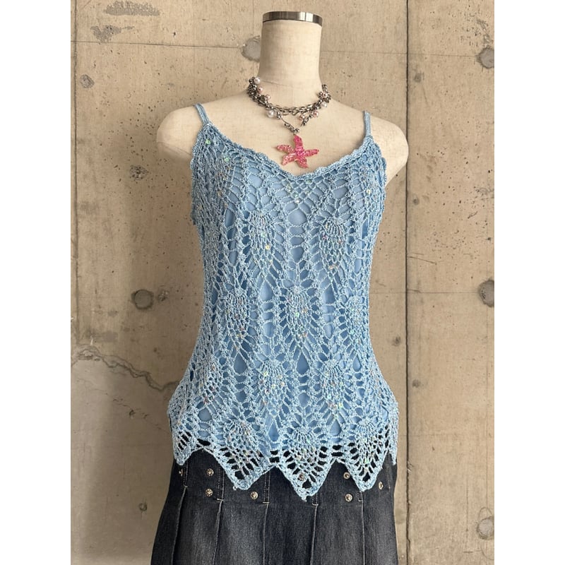 完売品 タグ付新品★leinwande　Cable Knit Camisole Women's Floral Lace Trim Spaghetti Strap Ribbed Knit Crop