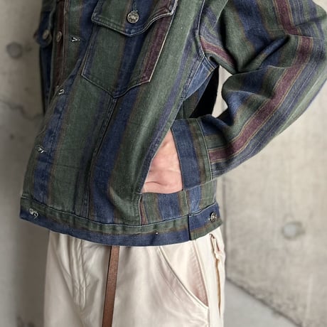 90s stripe pattern denim trucker jacket
