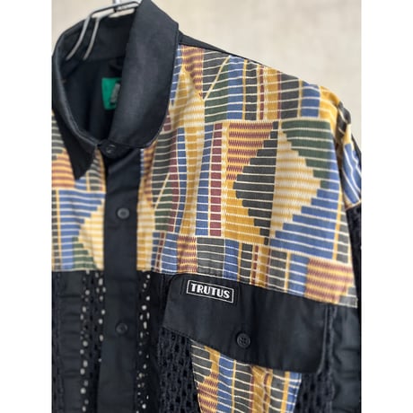 90s "TRUTUS" batik pattern knit switching design mesh shirt