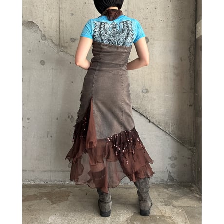 00s flower embroidery & frill design denim dress