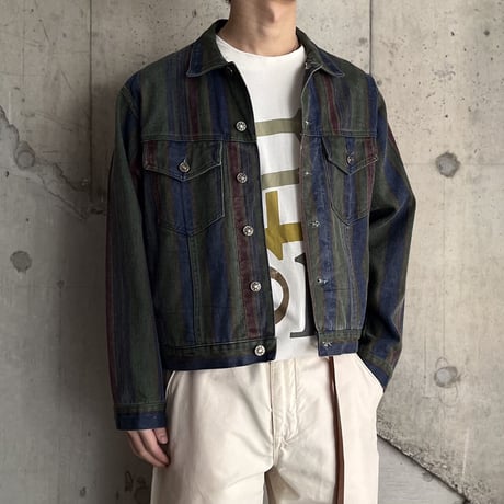 90s stripe pattern denim trucker jacket