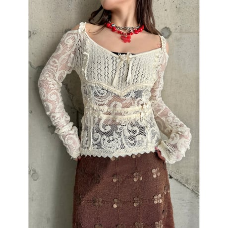 00s ribbon & lace design knit tops