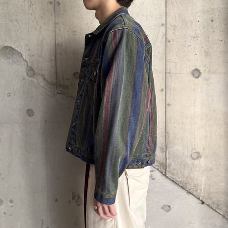 90s stripe pattern denim trucker jacket