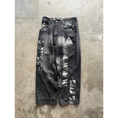 90s "Pepe jeans" camo pattern switching design wide denim pants
