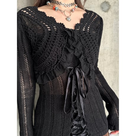 00s lace up design crochet knit tops