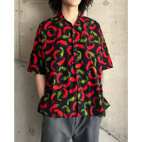 chili pepper pattern open collar shirt