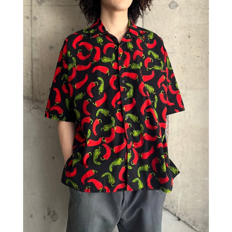 chili pepper pattern open collar shirt | KINSEL