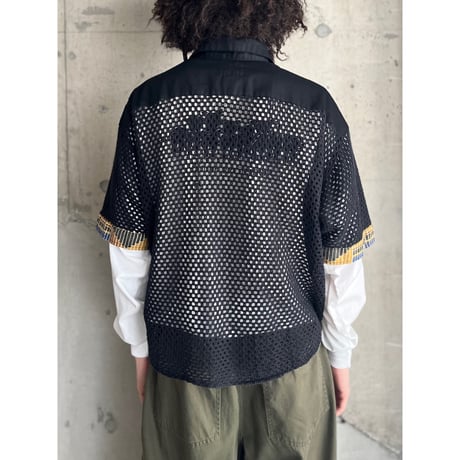 90s "TRUTUS" batik pattern knit switching design mesh shirt