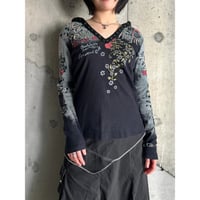 00s line stone design hoodie L/S cut&sew