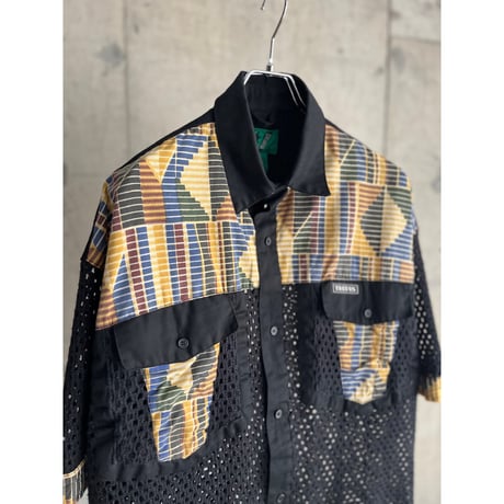90s "TRUTUS" batik pattern knit switching design mesh shirt