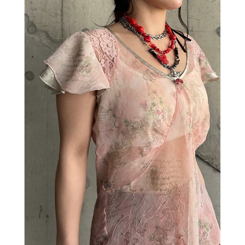 2000ARCHIVES★韓国★人気★L FLOWER SEE-THROUGH T-SHIRT 00s flower patterned see-though tops | KINSELLA