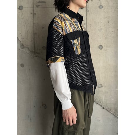 90s "TRUTUS" batik pattern knit switching design mesh shirt