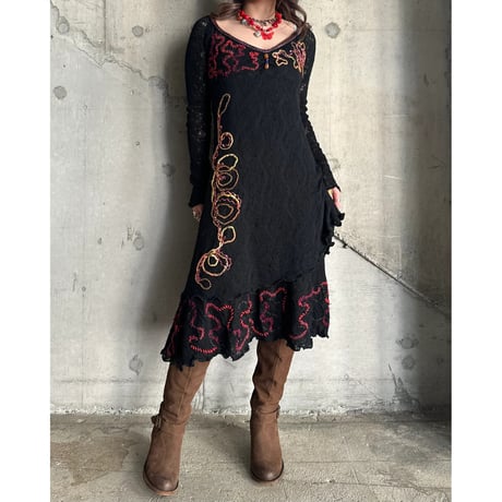 00s flower design knit L/S dress