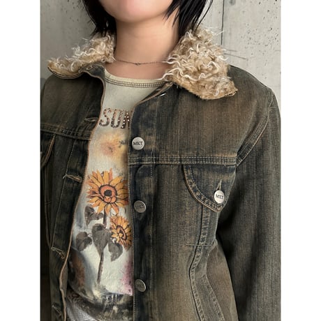 00s fake fur switching denim jacket