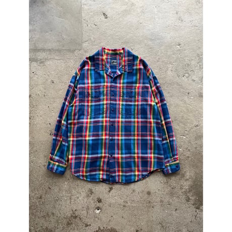 90s "Liz wear" cotton rainbow plaid open collar shirt