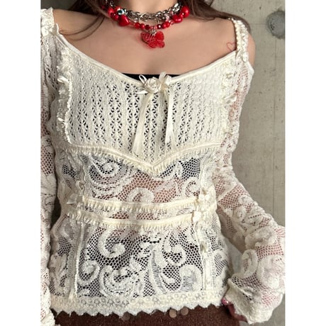 00s ribbon & lace design knit tops