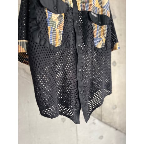 90s "TRUTUS" batik pattern knit switching design mesh shirt