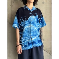 90s orange art pattern open collar shirt