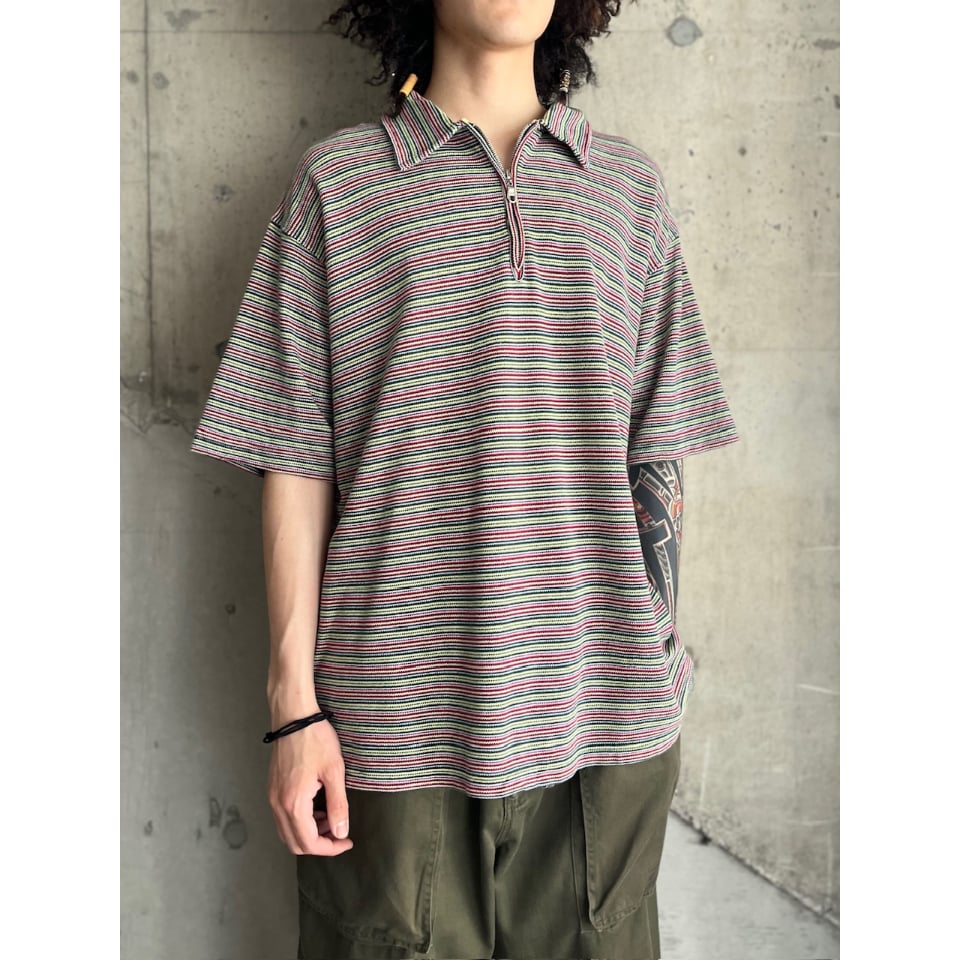 90s rasta border half zip polo shirt | KINSELLA