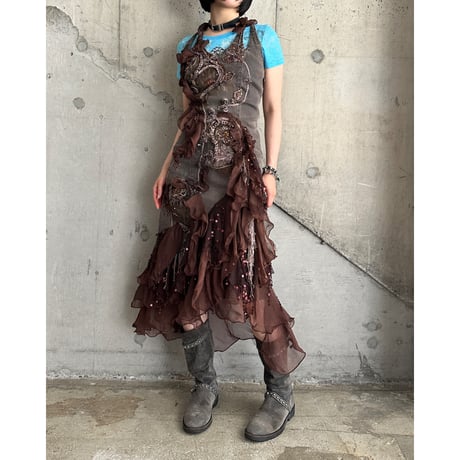 00s flower embroidery & frill design denim dress