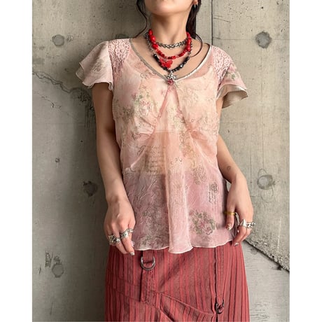 00s flower patterned see-though tops
