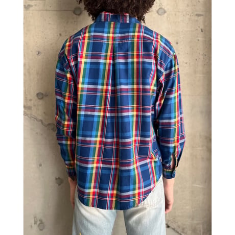 90s "Liz wear" cotton rainbow plaid open collar shirt