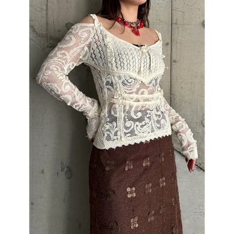 00s ribbon & lace design knit tops
