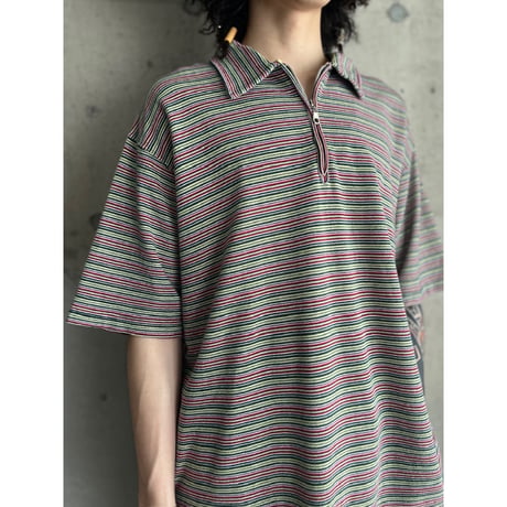 90s rasta border half zip polo shirt