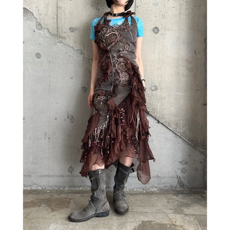 00s flower embroidery & frill design denim dress