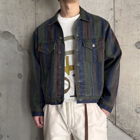 90s stripe pattern denim trucker jacket