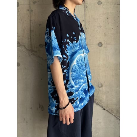 90s orange art pattern open collar shirt