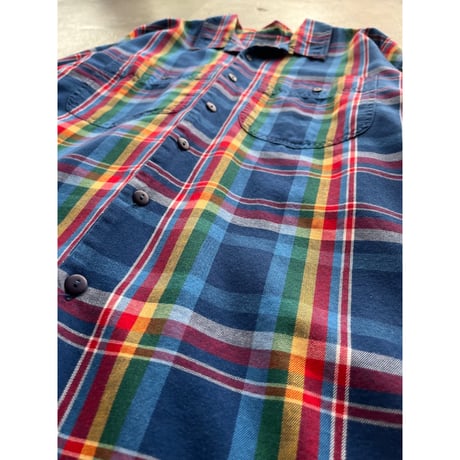 90s "Liz wear" cotton rainbow plaid open collar shirt