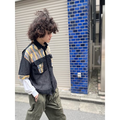90s "TRUTUS" batik pattern knit switching design mesh shirt