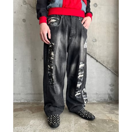 90s "Pepe jeans" camo pattern switching design wide denim pants