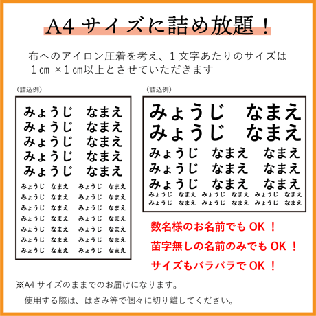 アイロン名前シール◆A4に詰め放題◆サイズ自由◆複数名OK