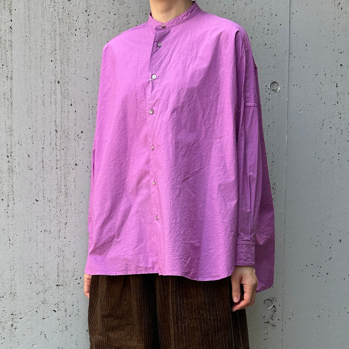 ◾️美品　yuni　ユニ　キャッチワッシャーブラウス　バンドカラーシャツ　ピンク yuni（ユニ ）の「△コットンキャッチワッシャーワイドブラウス