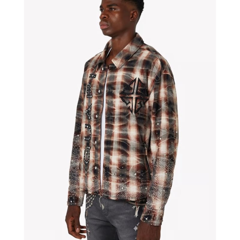 完 GUAPI Cross Flannel クロスフランネルシャツ グアピ GUAPI Mocha Rhinestone Flannel (Brown)｜グアピ モカ ラ