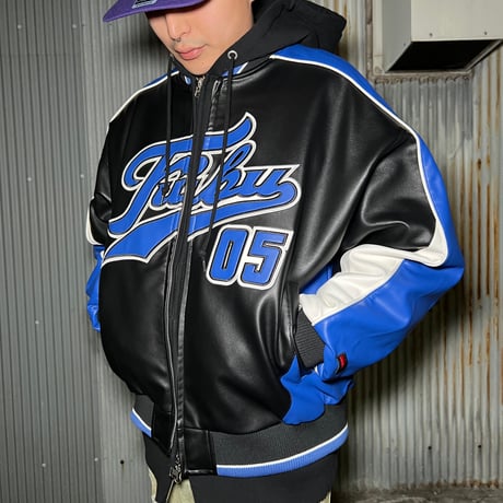 FUBU FAUX LEATHER GAME JACKET (BLUE)｜フブ ファックス レザー ゲームジャケット（ブルー）