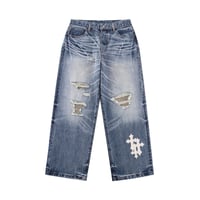 SUPPLIER Multiple Cross Leather Patch Baggy Denim (BLUE) | サプライヤー マルチプル クロス レザー パッチ バギー デニム (ブルー)