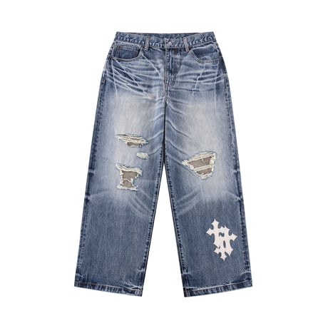 SUPPLIER Multiple Cross Leather Patch Baggy Denim (BLUE) | サプライヤー マルチプル クロス レザー パッチ バギー デニム (ブルー)
