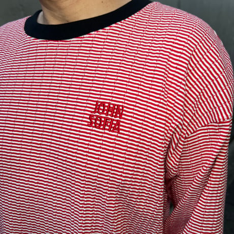 JOHN SOFIA Texture Border Linger Longsleeve Tee (Red) | ジョン ソフィア テクスチャー ボーダー リンガー ロングスリーブ ティー（レッド）