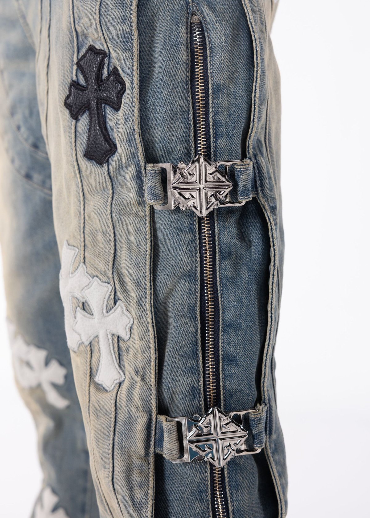 ビンテージ　ストラップ　極太　デニム生地　裏地レザー　金属バックル GUAPI Vintage Blue Cross Buckle Denim (Vintage
