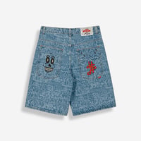 GRIMEY STARDUST LASER BAGGY DENIM SHORTS (WASHED DARK BLUE)｜グライミー スターダスト バギーデニムショーツ（ダークブルー）