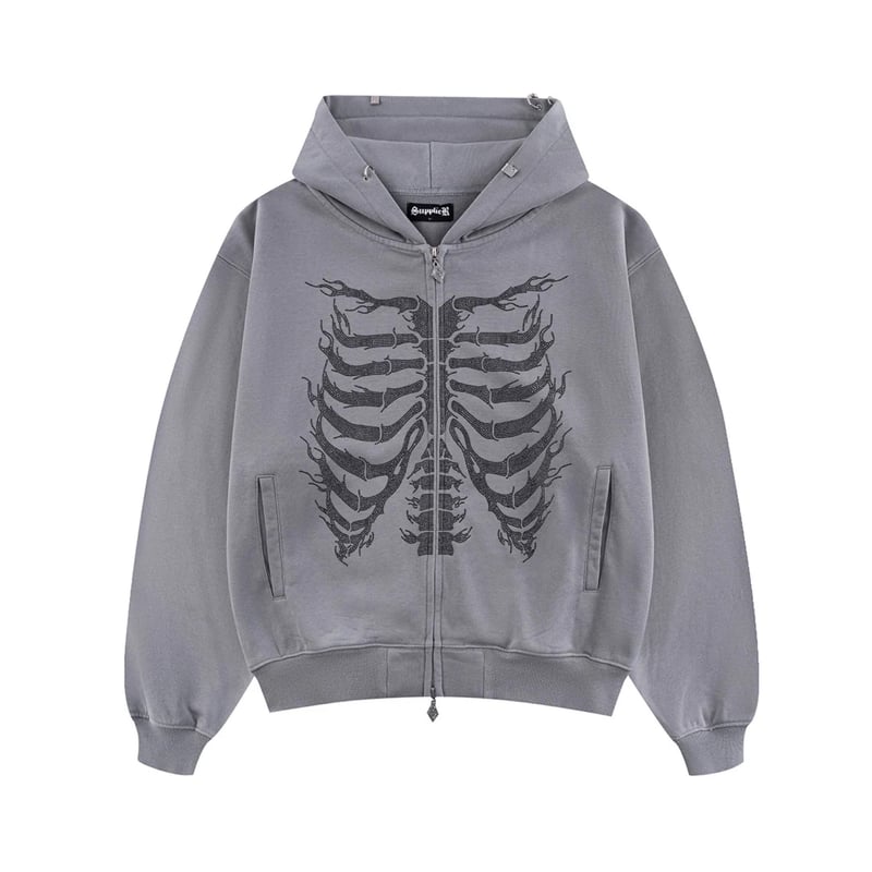 SUPPLIER Fire Skeleton Rhinestone Zip Hoodie (G